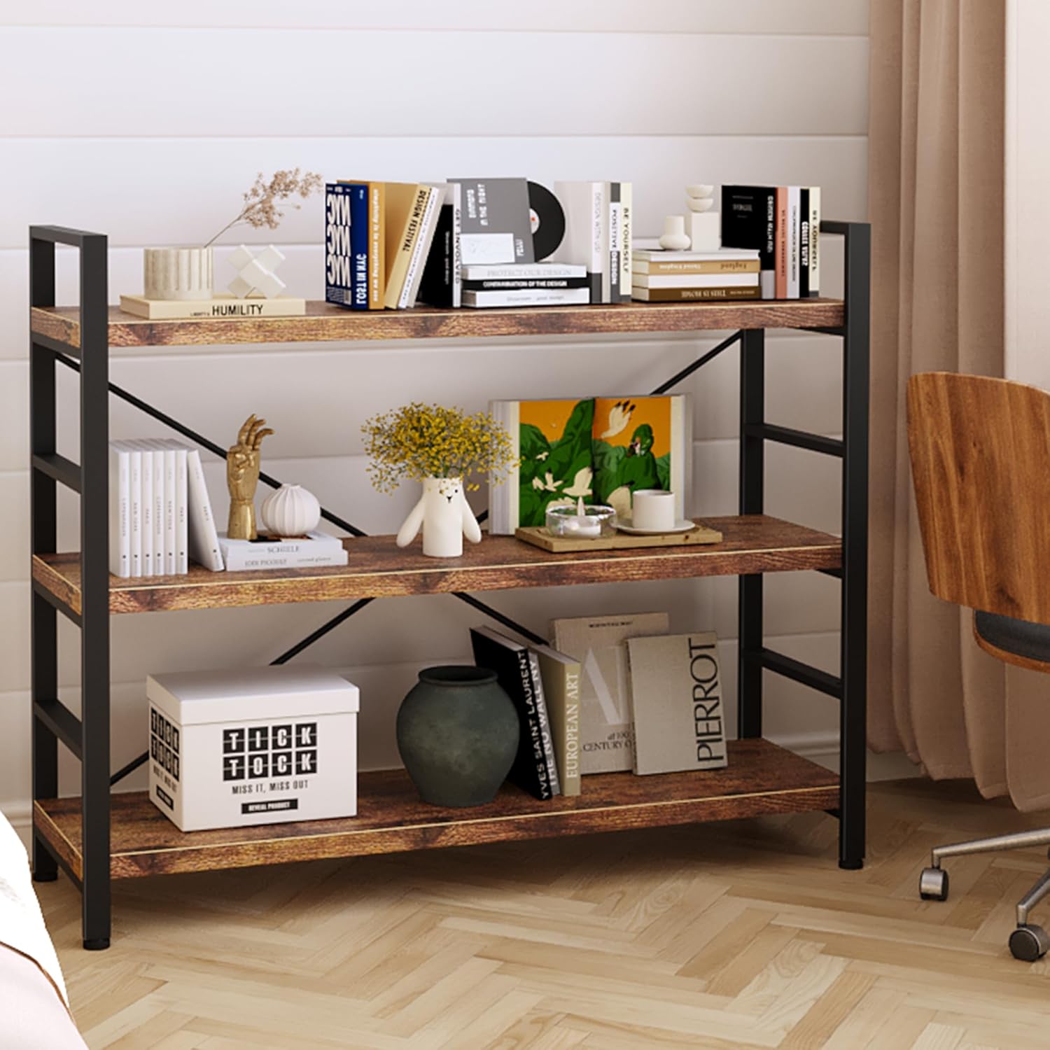 Bookshelf 3 Tier Bookcase Home Office Bookshelves with Height-Adjustable Wooden Board，Storage Organizer for Garage Kit, CDs, Movies，Books，in Bedroom, Living Room，Kitchen，Vintage