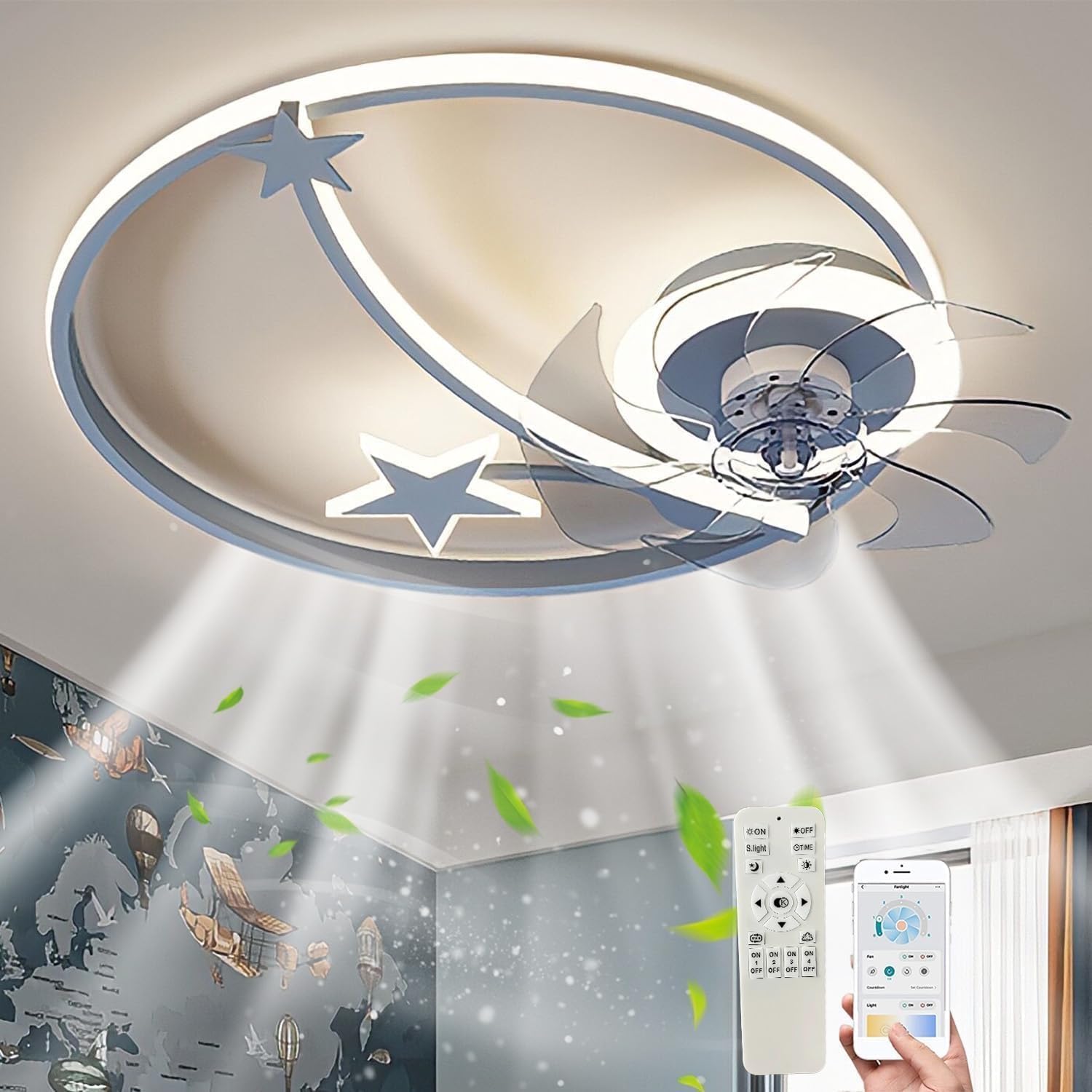 Silent Kids Ceiling Fan with Lighting LED Dimmable Ceiling Light with Fan and Remote APP Nordic Star Moon Kids Room Ceiling Fan Light 46W Modern Fan Ceiling Lamp for Boys Bedroom Living Room