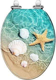Elongated Toilet Seat seashell summer beach sea water Resin Toilet Seat with Quietly Close Quick Release Hinges Decorative Toilet Seat with Cover Easy to Clean and Install Beach Theme Decor
