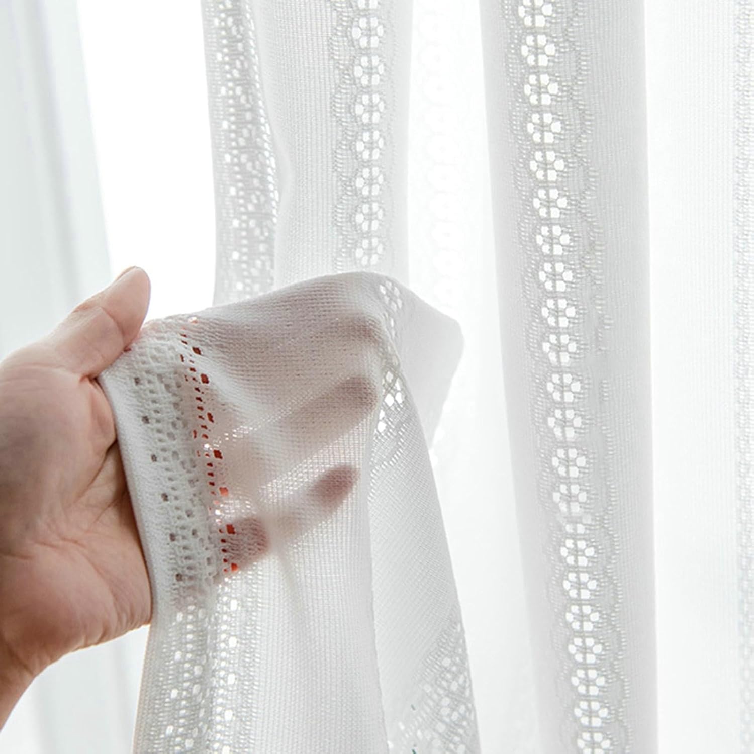 Daesar Semi Transparent Curtains 2 Panels Set, Polyester Hook Sheer Curtains 55" W x 85" H Drapes Solid Color Lace Hollow Flowers Striped White Tulle Curtains for Bedroom Living Room