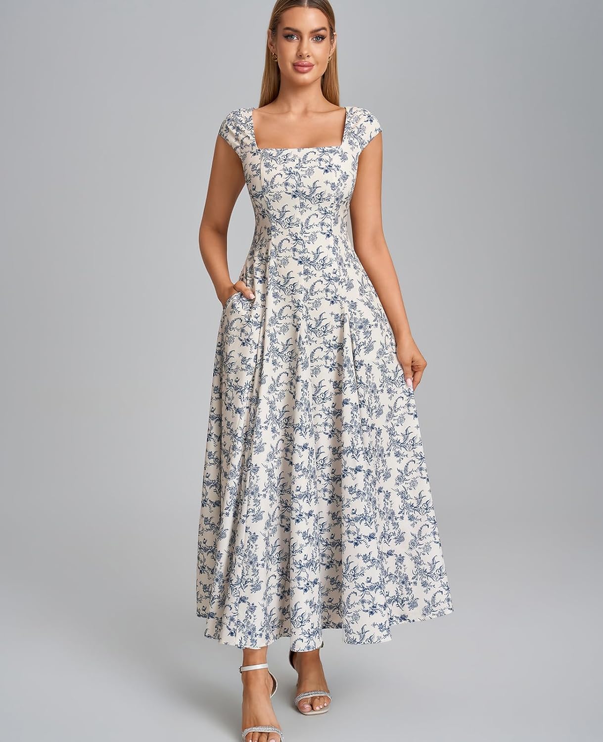 GLNEGE Women’s Corset Wedding Guest Maxi Dress Cap Sleeve Square Neck Lace Up A Line Flowy Formal Midi Dress with Pockets