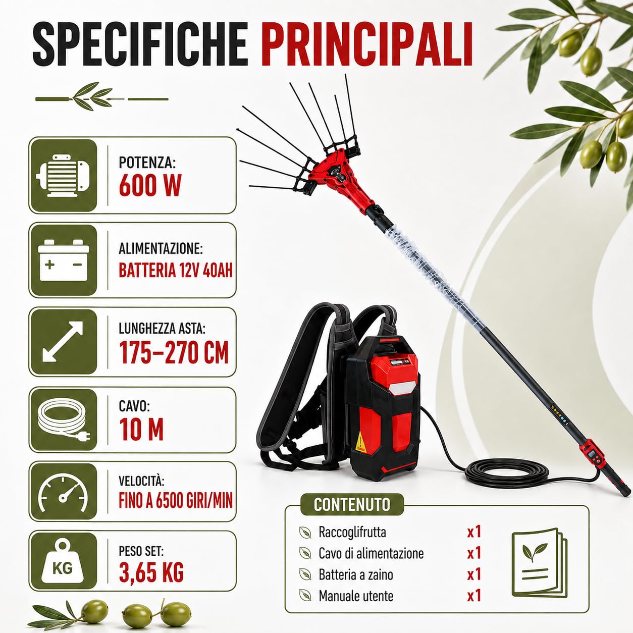 Scuotitore per Olive 600W, 6500 Giri/min, Asta Telescopica 175-270 cm