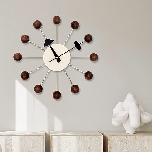 Miniatura 2 de Reloj de pared de mediados de siglo, réplica George Nelson Ball Clock para decoración retro moderna (nogal de 13 pulgadas)