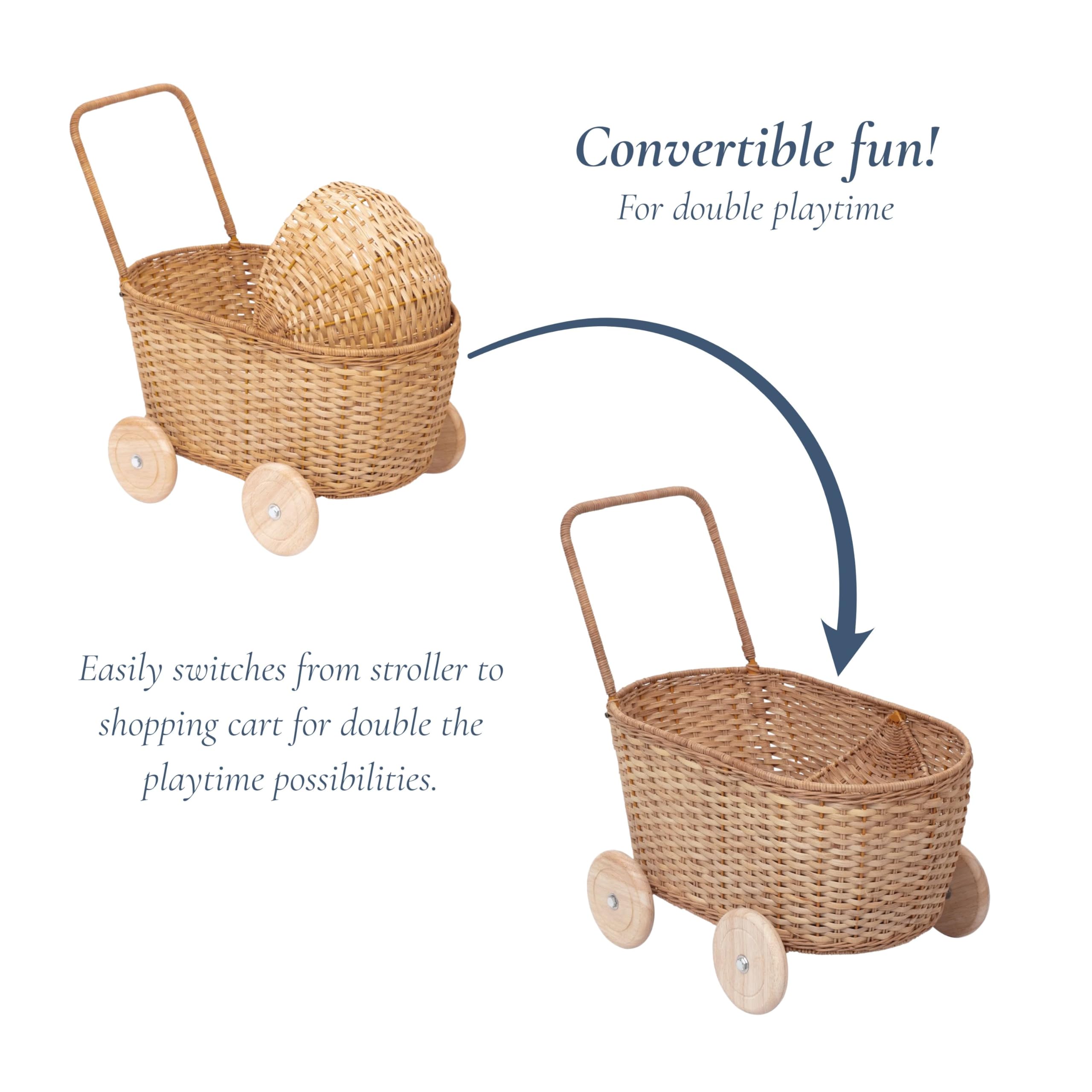 GON Stroller – 3 in 1 Rattan Puppenwagen, Einkaufwagen & Lauflernwagen für Kinder | Handgeflochtener Puppen-Buggy aus Naturmaterialien mit Kissen & Matratze | Holzpuppenwagen ab 1 Jahr - Natural