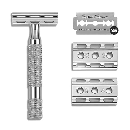 Rockwell Razors 6C - Maquinilla de afeitar de seguridad de doble filo cromado blanco para hombres y mujeres con 6 ajustes de afeitado ajustables y 5