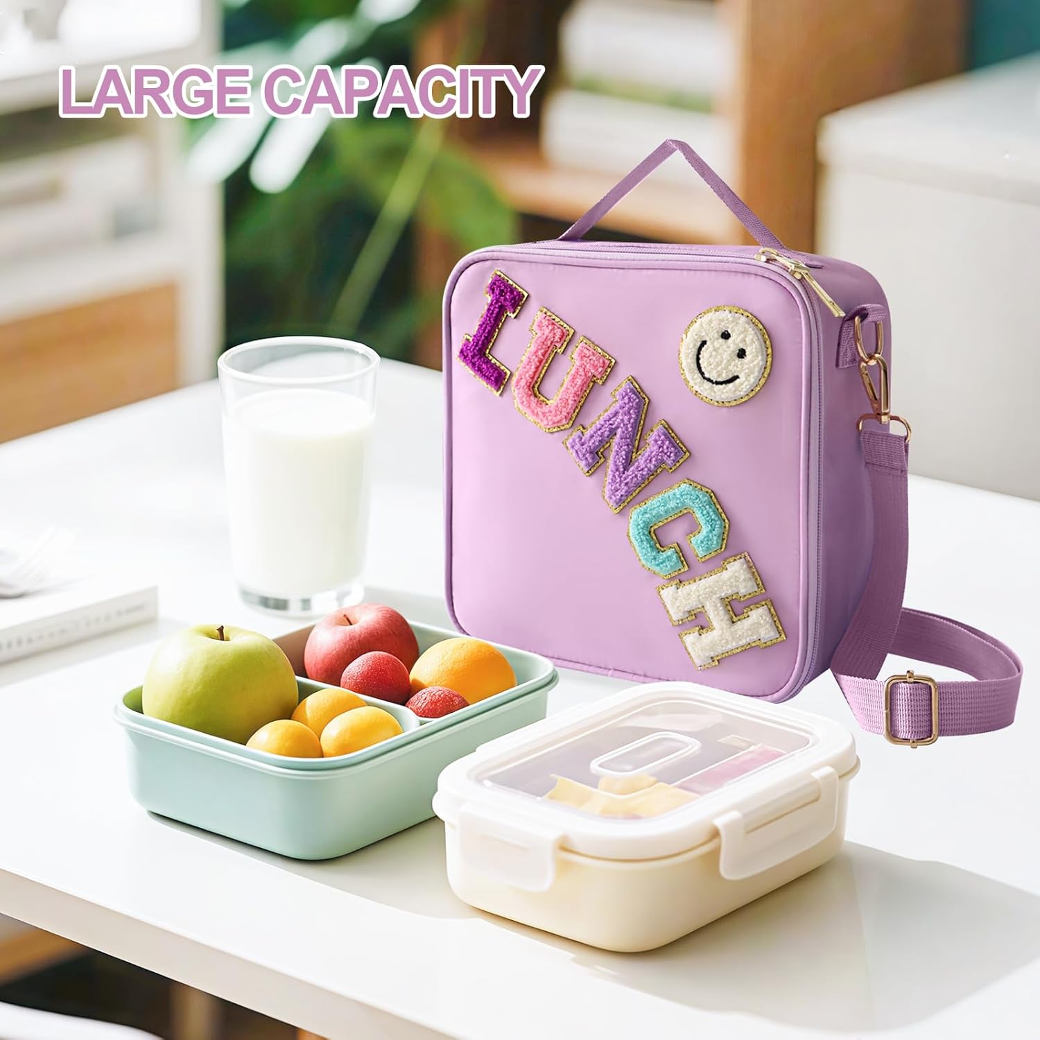 Insulated Lunch Bag With Adjustable Shoulder Strap, Nylon Lunchbox Large Insulated Lunch Box Reusable Lunch Tote Bag with Smiley Preppy Lunch Bag for Girls Travel Picnic Office Working (Purple) - Image 5