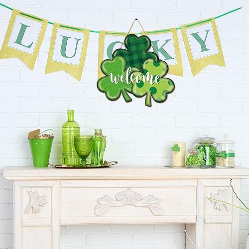Miniatura 6 de JarThenaAMCS Letrero de bienvenida con trébol del día de San Patricio para puerta delantera, trébol verde trébol de madera, letrero colgante de