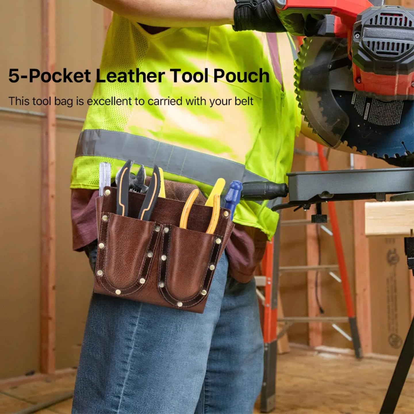 DICASTONE Vintage Leather Tool Holder, Brown Genuine Leather Organizer Pouch with Rivets, Professional Multi-Pocket Storage Holster for Screwdrivers and Hand Tools 4