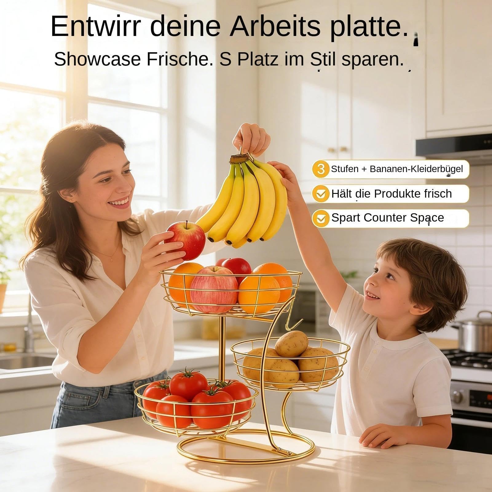 Kosz do przechowywania – metalowa półka, antypoślizgowy 3-poziomowy uchwyt, oszczędność miejsca na blat kuchenny, spiżarnię, dom, restaurację, jedzenie, warzywa, organizację imprez