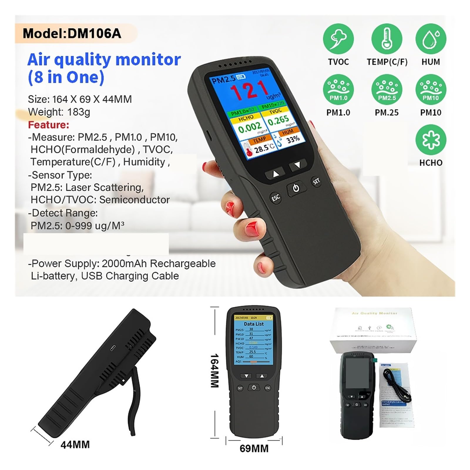 Monitoraggio della qualità dell'aria Il monitor del rilevatore portatile a qualità 'aria tiene traccia del misuratore di polvere di foschia PM2.5 for l'ispezione del gas e auto Facile da trasportare,