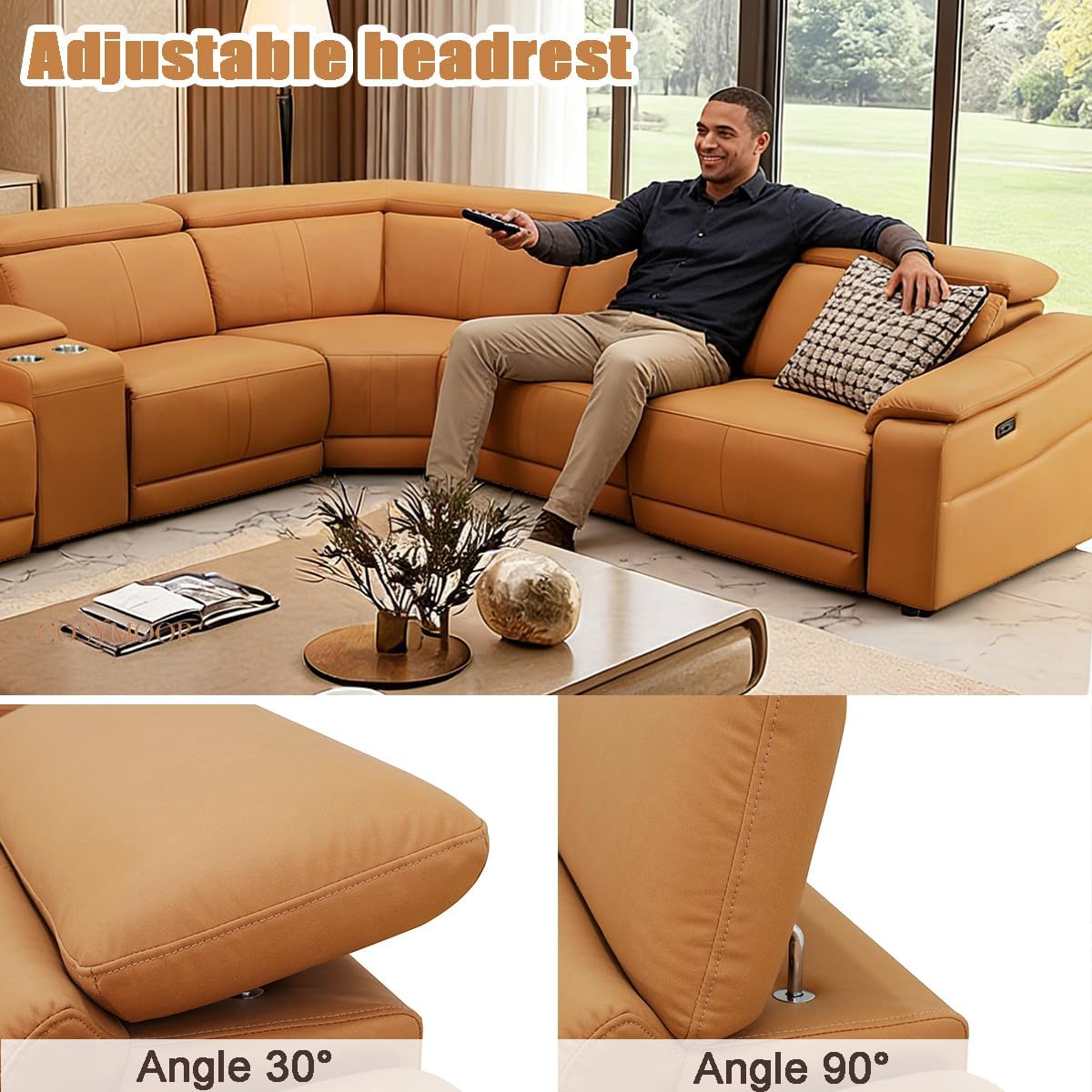 Power Recliner Sectional Sofa for Living Room, Power Leather Corner Sectional Couch with Adjustable Headrest, Leather Sectionals Couches, Reclining Couch with Storage/Cup Holders for House