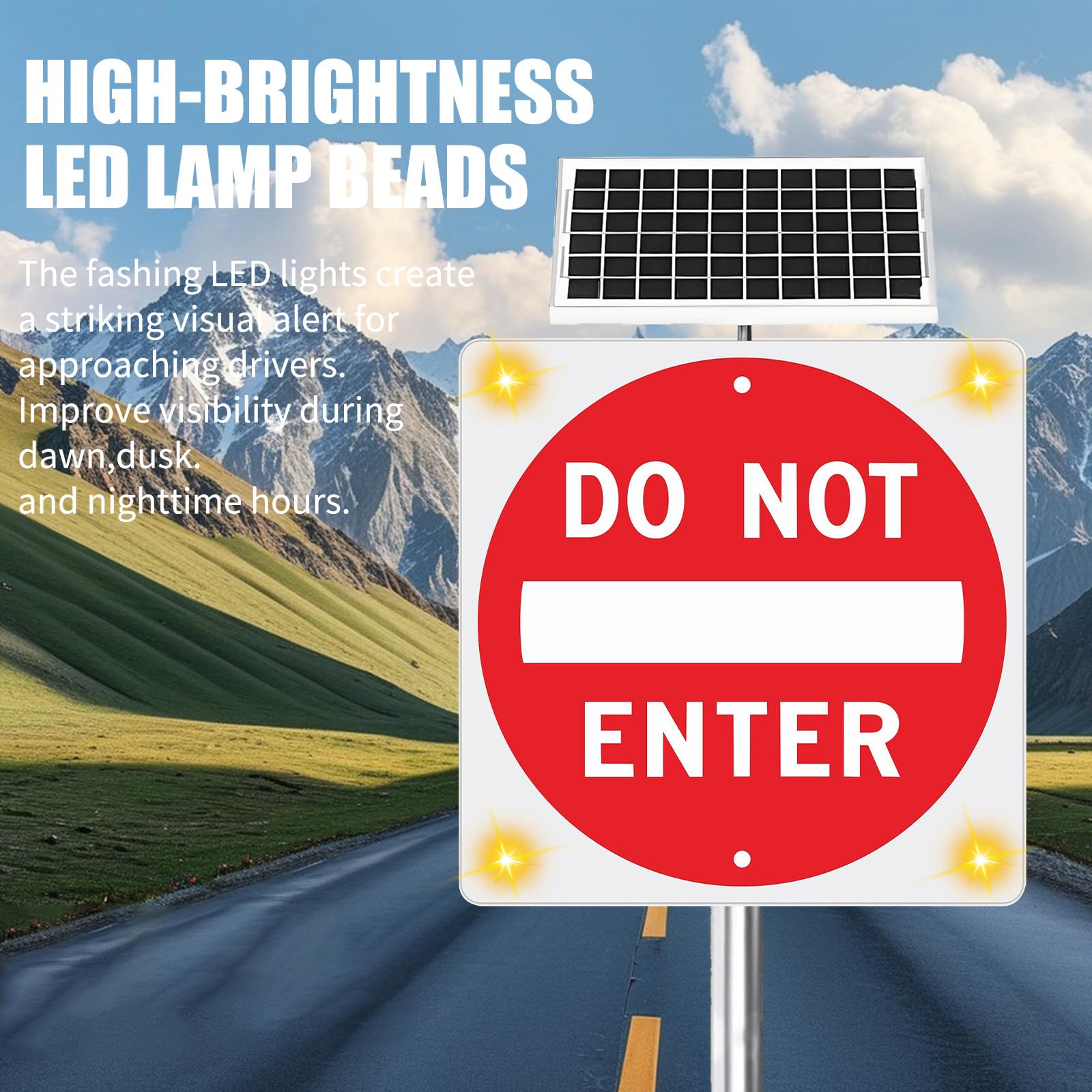 Cartel “Do Not Enter” De 24 X 24 Pulgadas, Señal Vial Cuadrada De Aluminio con LED Intermitente Alimentado por Energía Solar