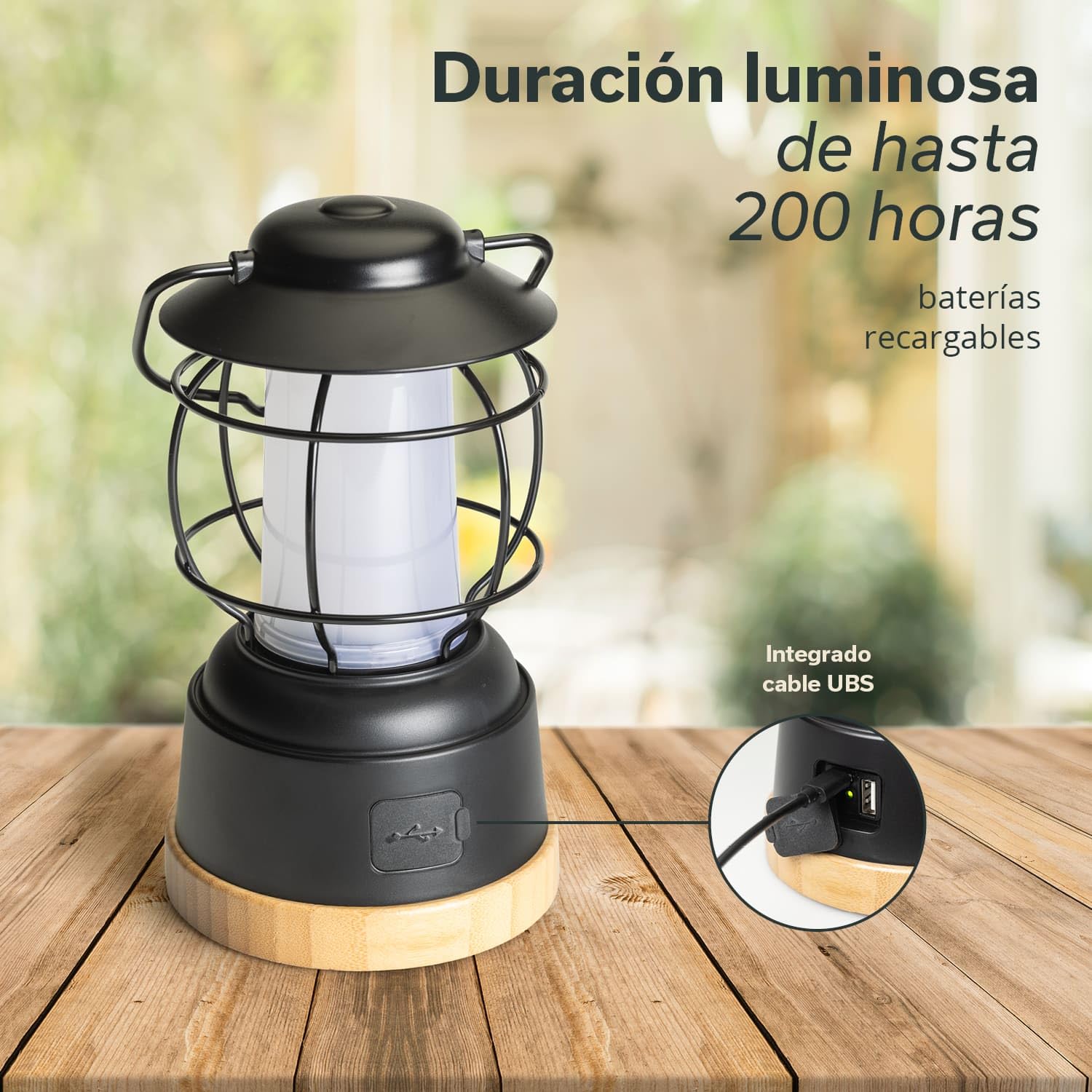 Skandika Lámpara LED Kiruna Jord | lámpara retro de camping para exteriores con power bank, regulable sin escalonamiento, sin cable, recargable, USB, estructura de acero, 200h de autonomía