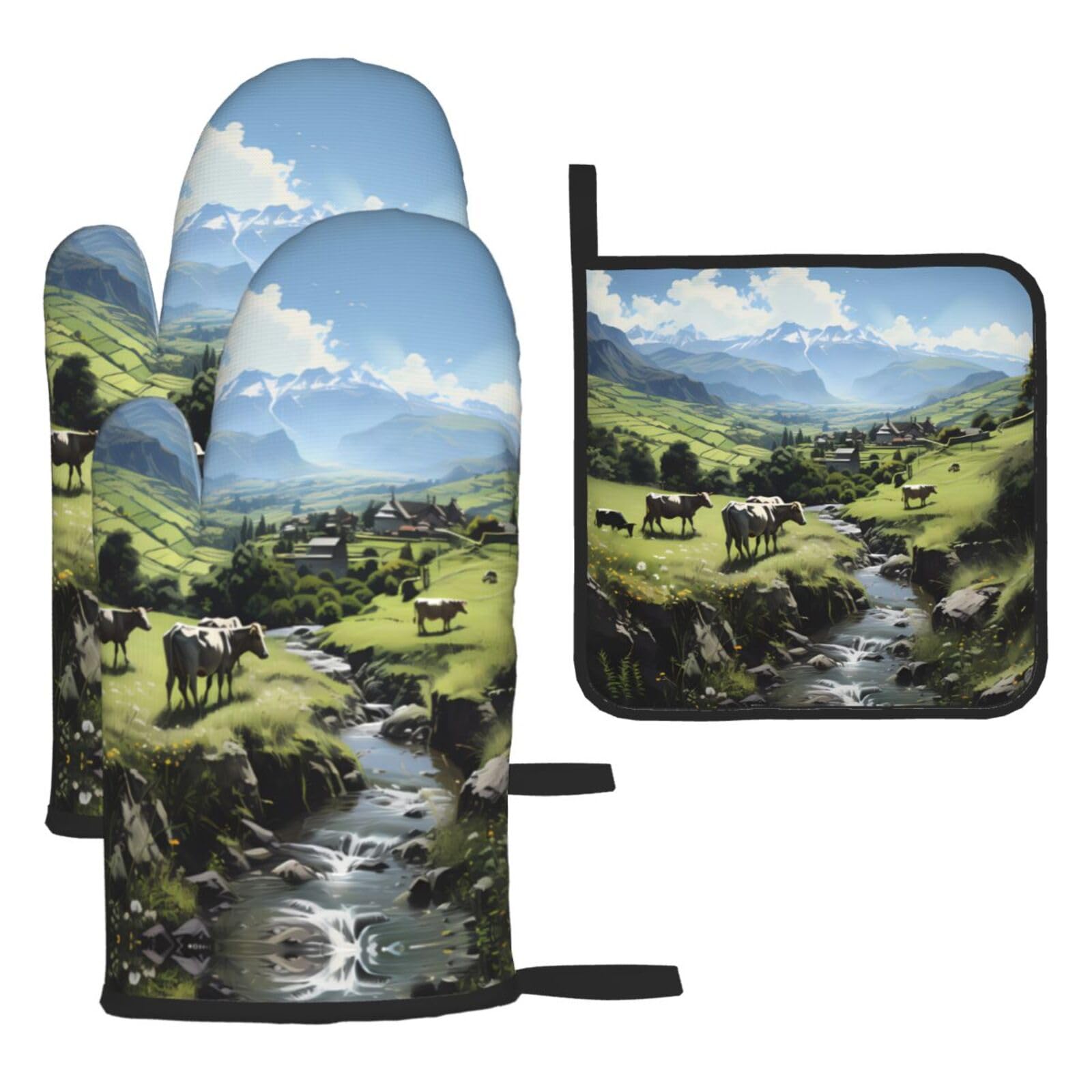 Alpine Farm Cows Oven mittens and oven mitts three-piece set suitable for oven, grilling, baking, microwave and home cooking.