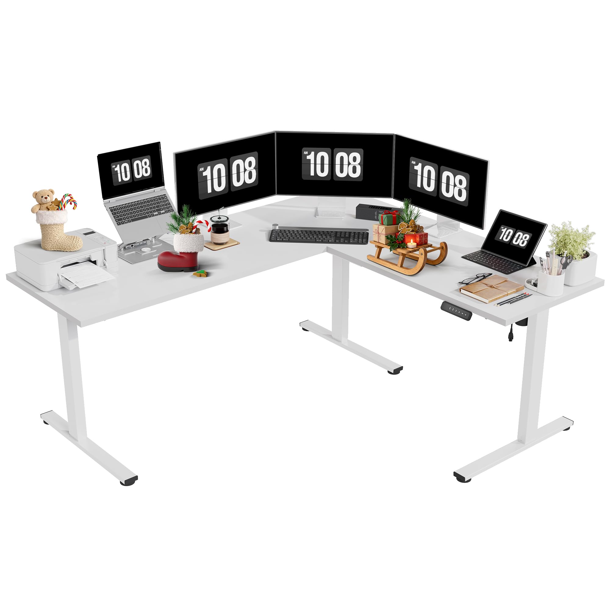 SANODESK Electric Corner L-Shaped 71 x 63 in Standing Desk, Memory Height Adjustment, White Top White Frame