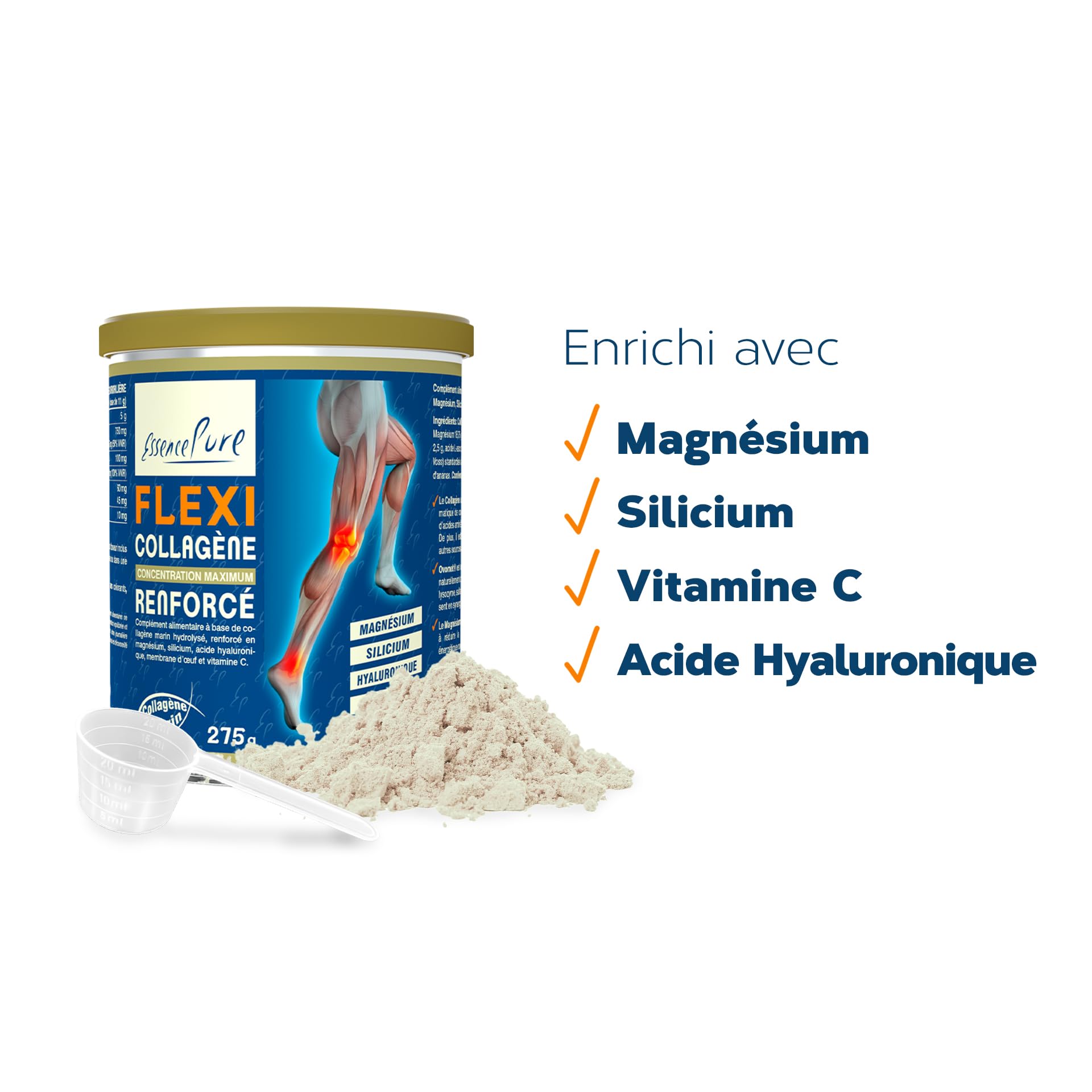 Collagene Marin Poudre 275g | Peptan Collagen Peptides (5g) Collagene Magnesium, Ovomet et Silicium Organique | Complément Alimentaire Articulation Flexi Essence Pure| Api-Nature