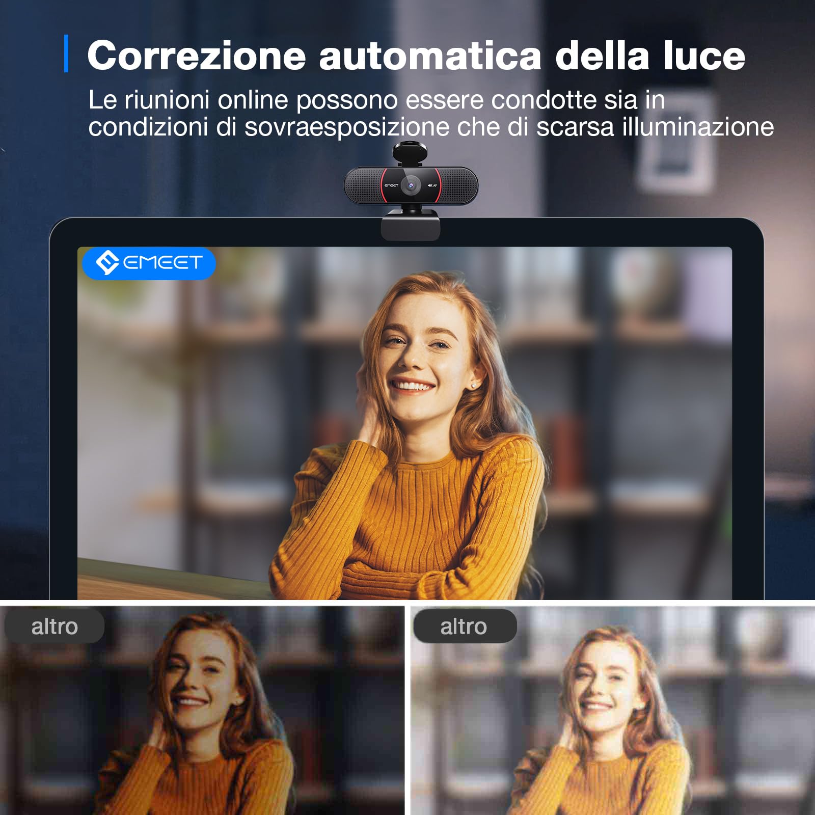 EMEET C960 Webcam 4K UHD per PC Con Copriobiettivo e Doppio Microfono, Videocamera per Streaming a 66° Con Correzione Automatica Della Luce, USB Plug & Play, Ideale per Zoom