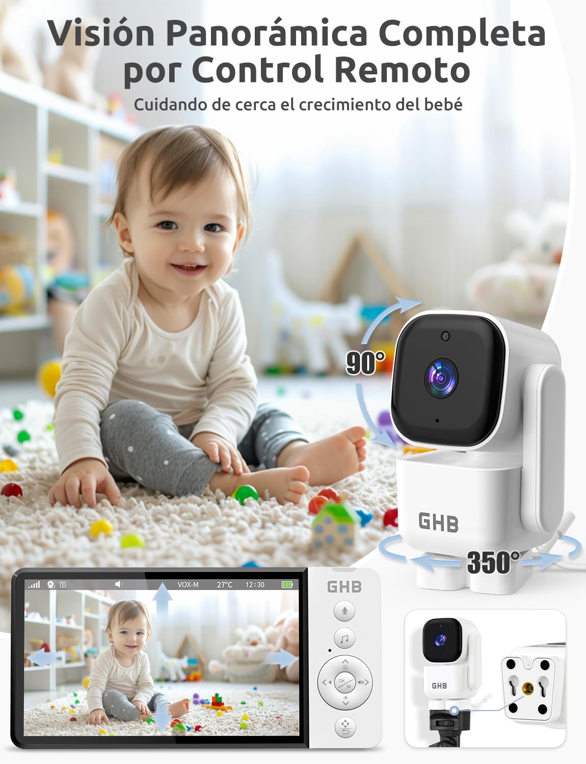 GHB Cámara de vigilancia para bebés de 5" con rotación de 350°, cámara de vigilancia para bebés con visión nocturna 720P, 2,4 GHz sin Wi-Fi, VOX, sensor de temperatura, comunicación bidireccional, 8
