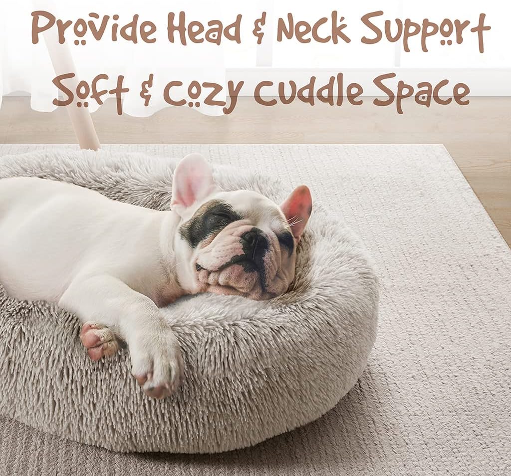 friends forever donut dog bed faux fur fluffy calming sofa for medium dogs, soft & plush anti anxiety pet couch for dogs, machine washable coco pet bed with non-slip bottom, 30"x30"x7" tan donut tan medium (30"x30"x7")