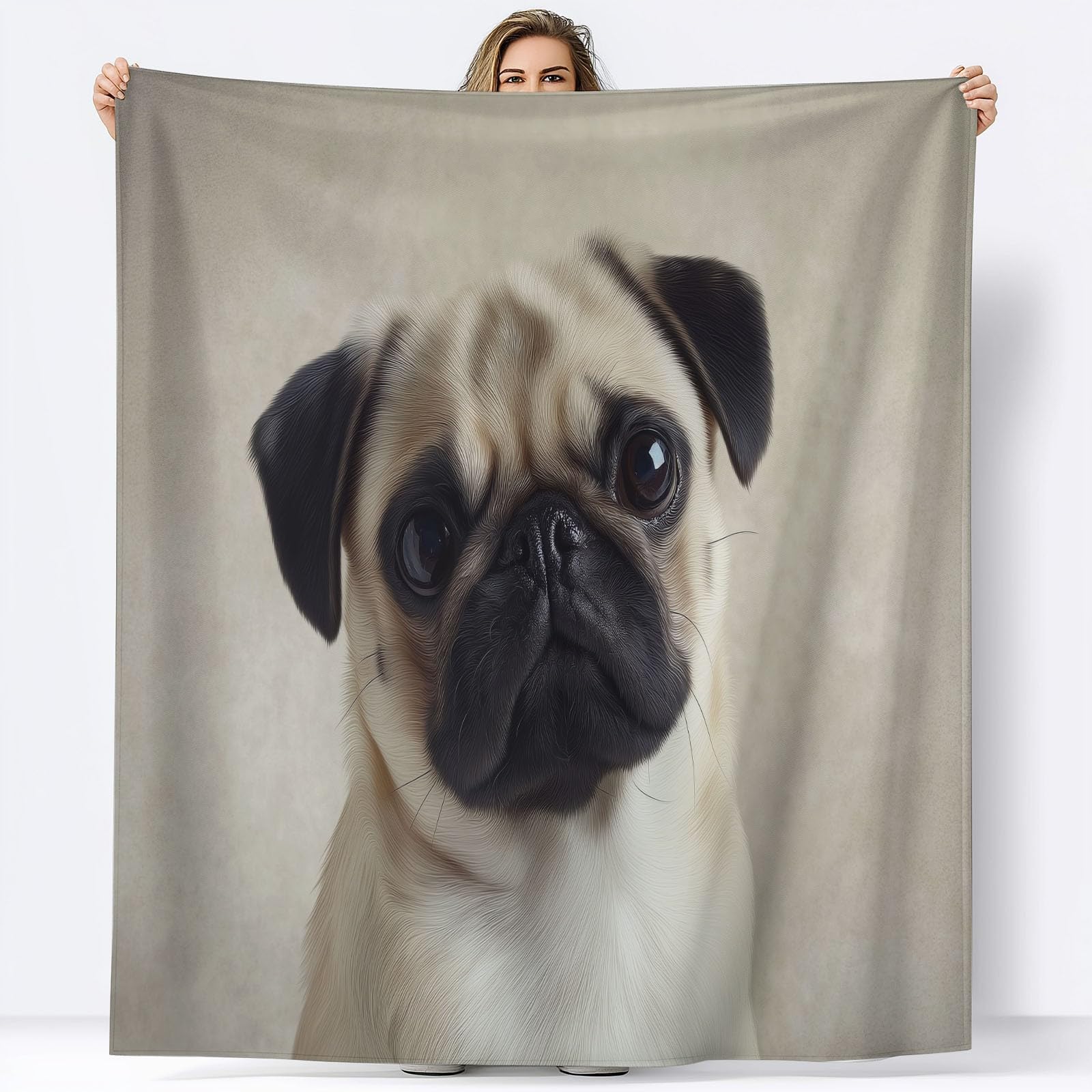 Koc polarowy flanelowy mops ze zwierzęciem, narzuta na sofę, wygodna narzuta na łóżko 2-osobowe w kratę zimowy, 220 x 240 cm khaki