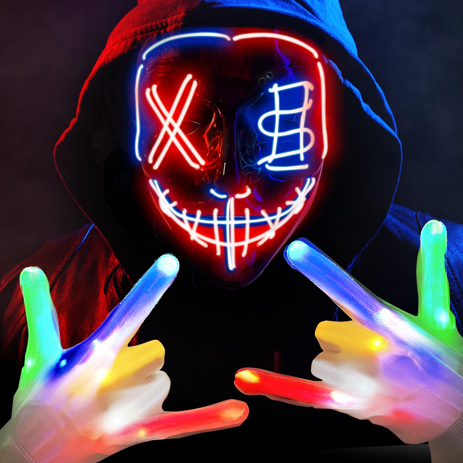 VAZILLIO LED Halloween Mask with Multiple Light Gloves, Light up Scary Mask Gloves, Led Mask Halloween Costumes for Men Women Kids Girls Masquerade Cosplay Party, Halloween Gifts