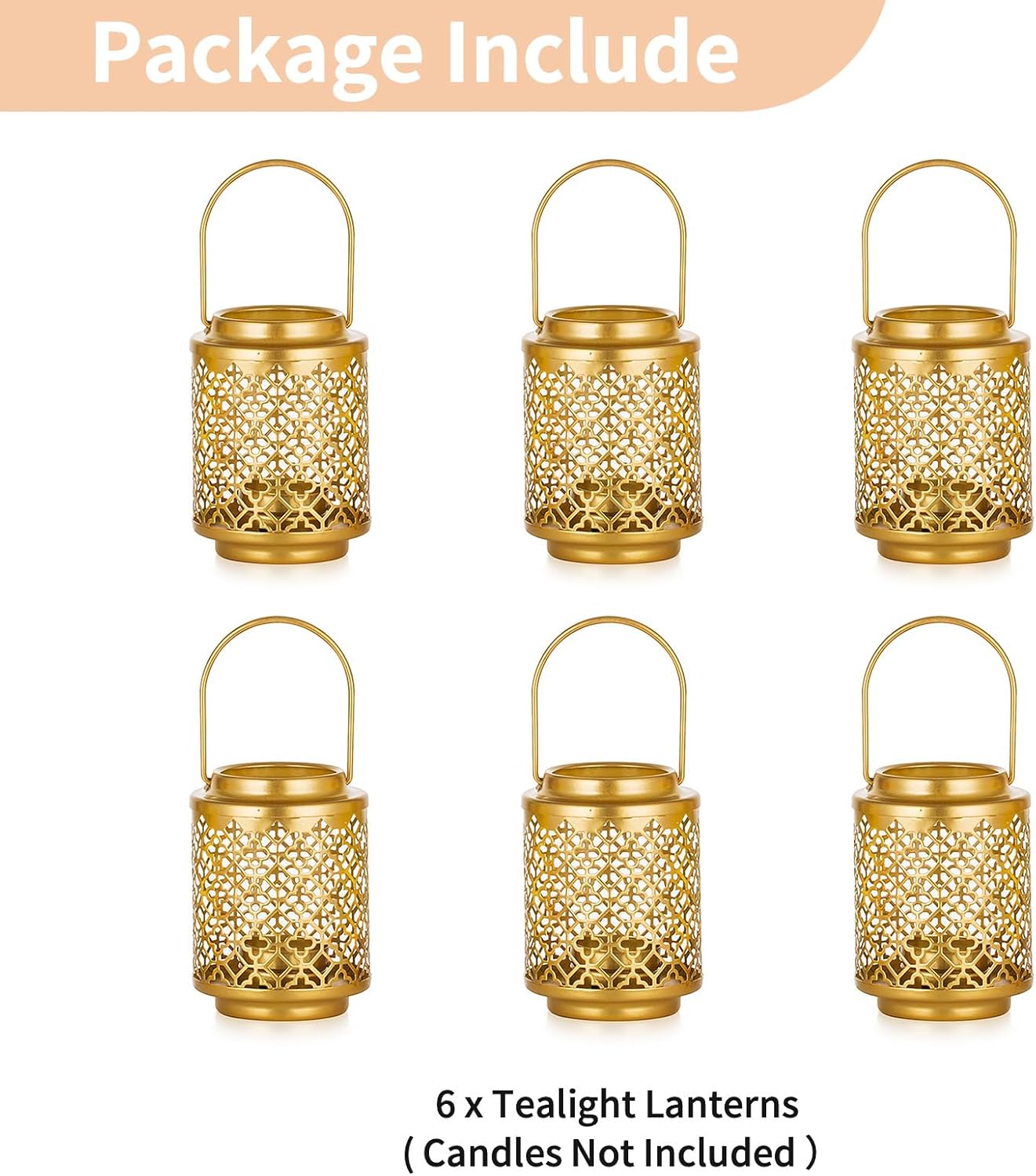 NUPTIO Gold Lanterns for Wedding Centerpieces: 6 Pcs 4.1inch Hanging Metal Tealight Holders Bulk Decorative Mini Tea Lights Indoor Candle Lantern for Thanksgiving Diwali Ramadan Decor (Style 1)
