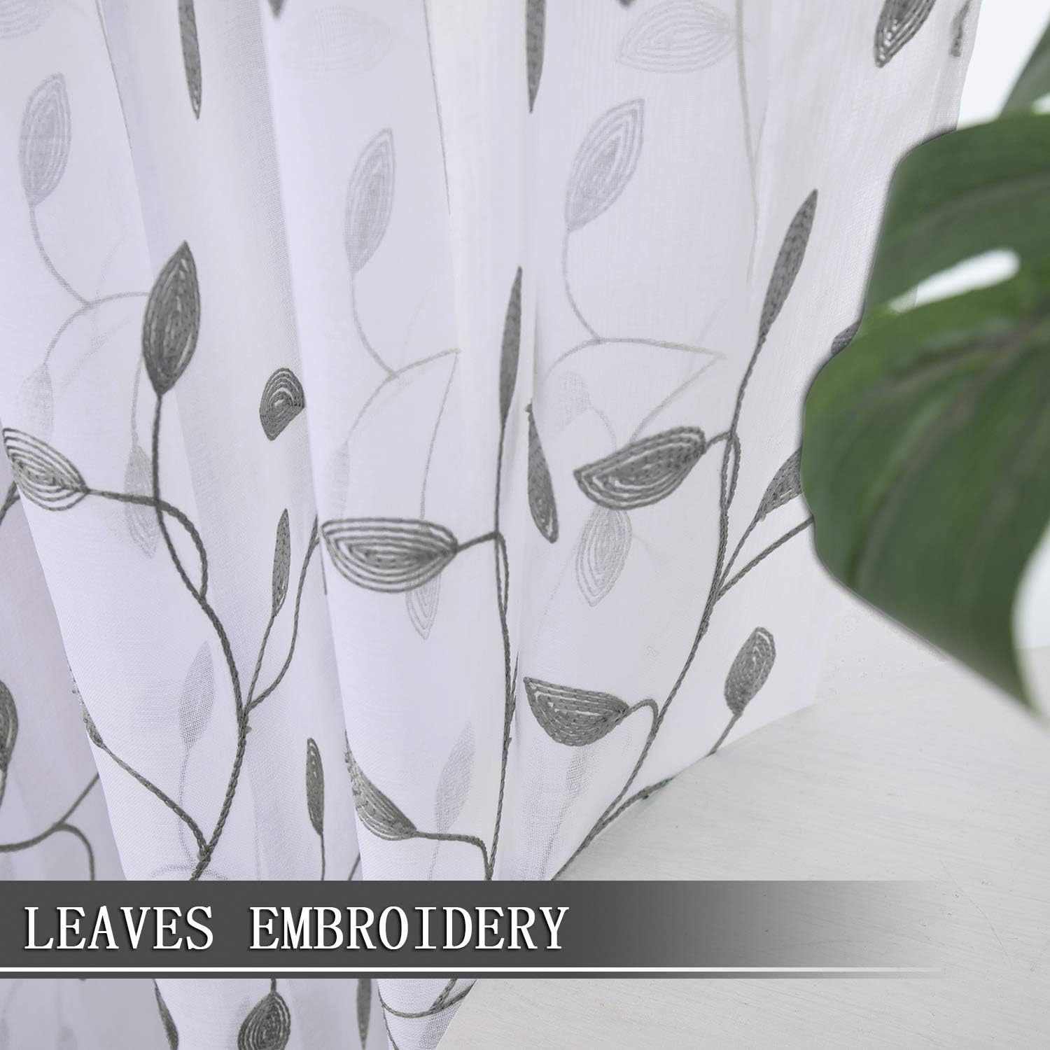 Tollpiz Leaves Sheer Curtain Grey Leaf Embroidery Living Room Curtains Rod Pocket Voile Faux Linen Embroidered Leaves Curtain for Bedroom, 38 x 63 inches Long, Set of 2 Panels image 3