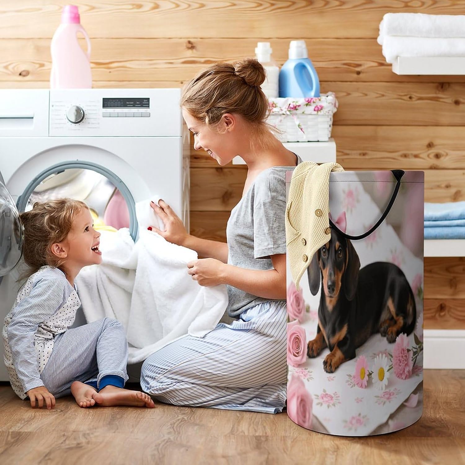 Dachshund Sausage Dogs Pink Flowers Print Laundry Hamper Portable Lightweight Clothes Hampers Fashion Dirty Laundry Storage Basket Large Capacity Foldable Clothes Baskets for Bathroom Bedroom