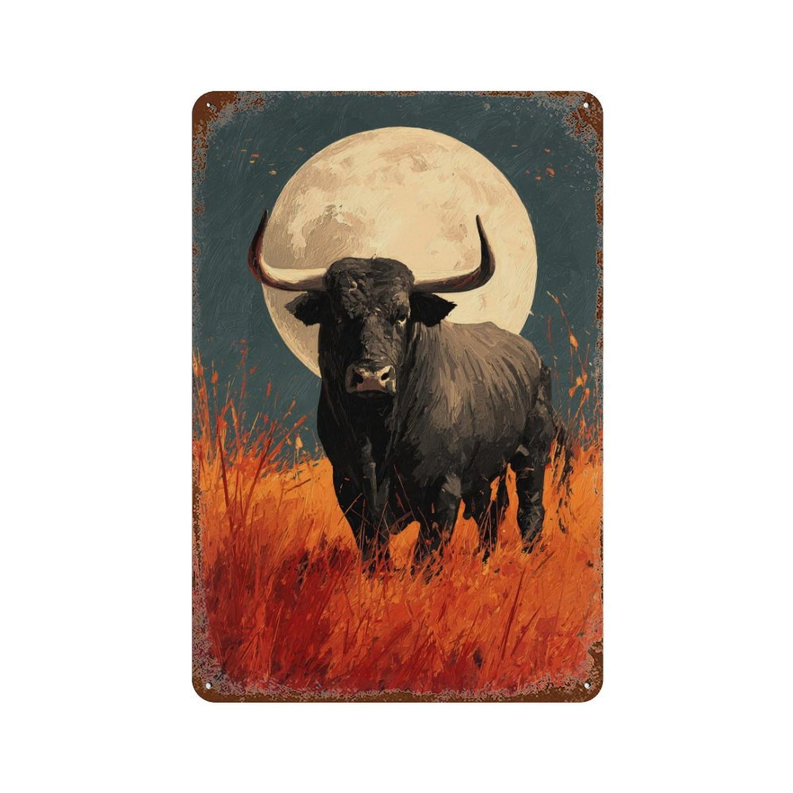 Full Moon Bull Painting -3 Vintage Wall Sign 11.8"x7.9", Rust Effect Metal Decor for Living Room, Hallway And Home Decor
