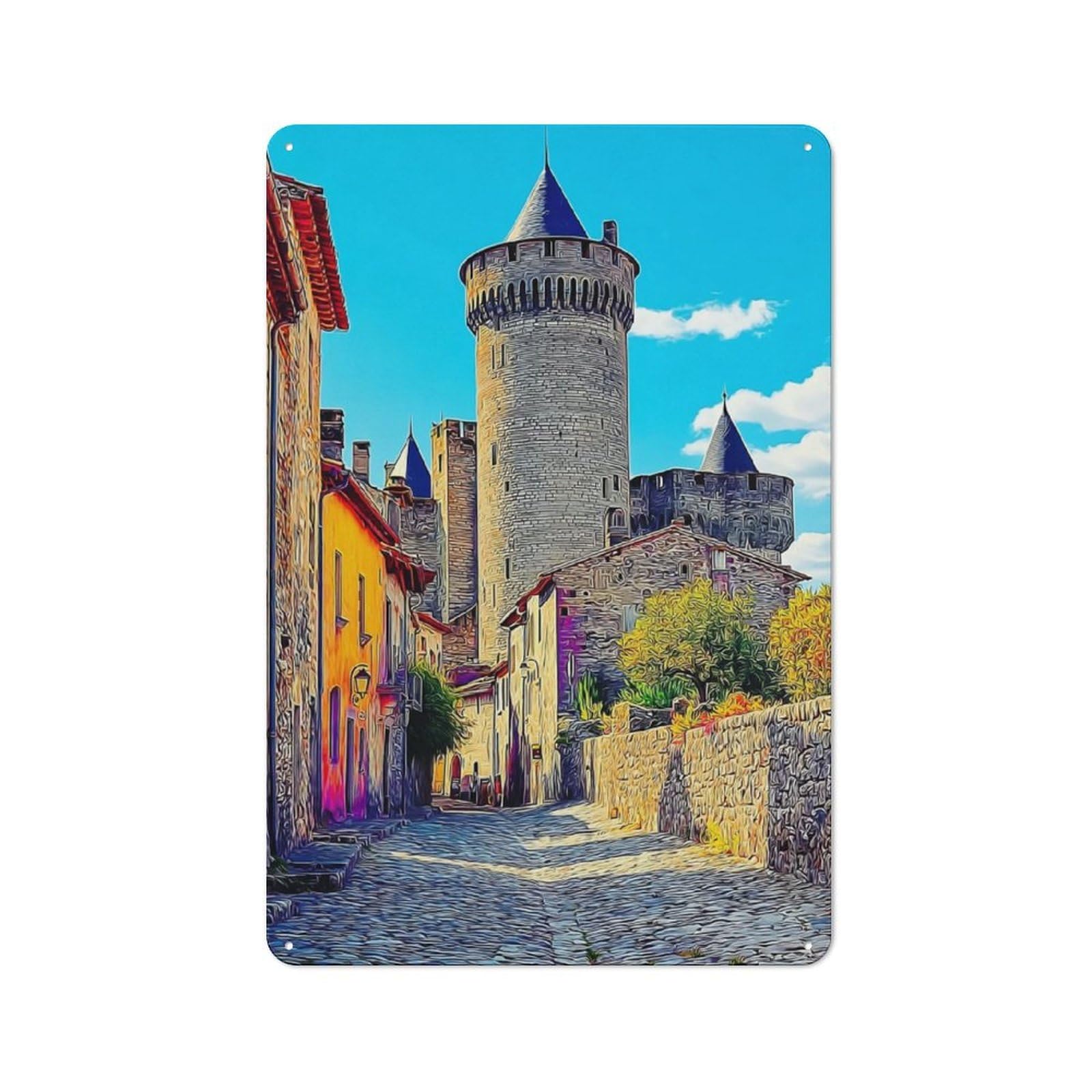 Junmoney Medieval Castle In France Vintage Tin Sign 30X20cm For Hobby Room Or Studio, A New Home Present For Creative Interior Collectors