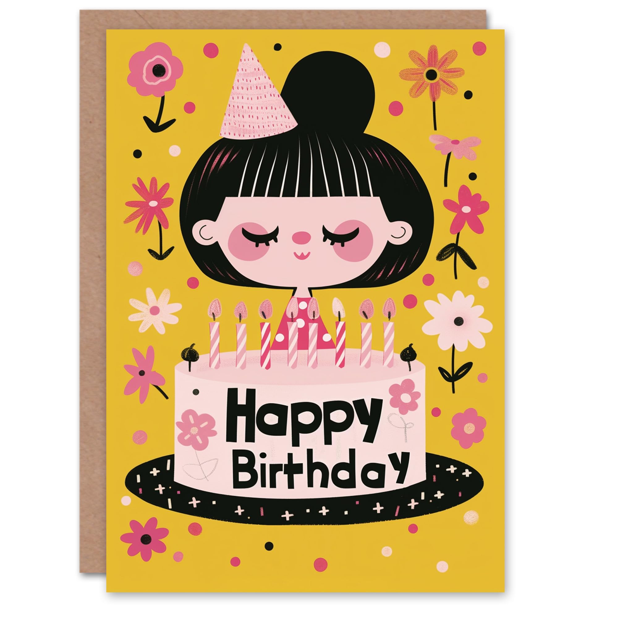 Artery8 Kids Birthday Card - Party Hat Cake Candles Cartoon Greeting Card - Mustard
