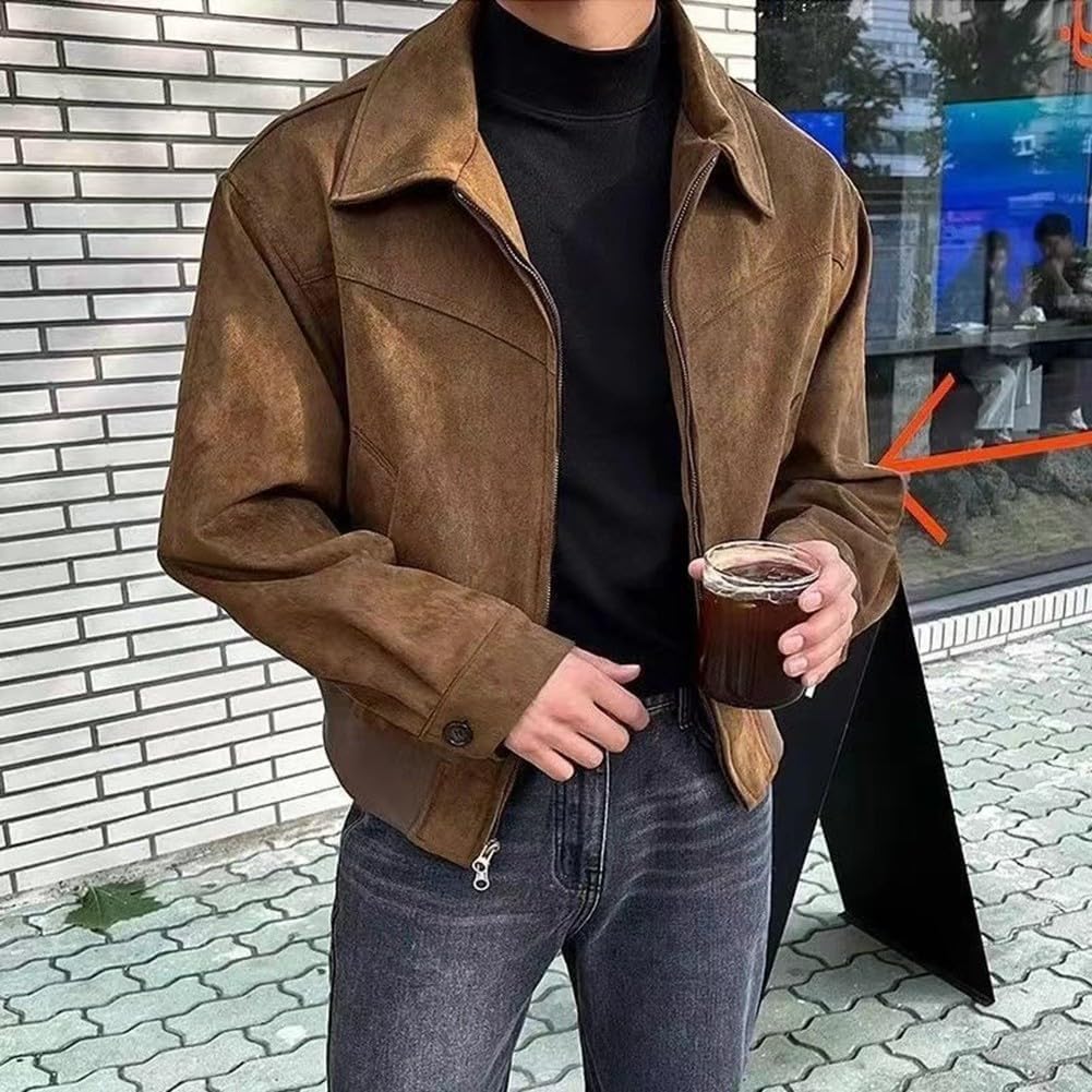 Men's Vintage Style Suede Jacket for Spring Autumn with Cropped Lapel and Loose Fit Casual Coat for Various Occasions