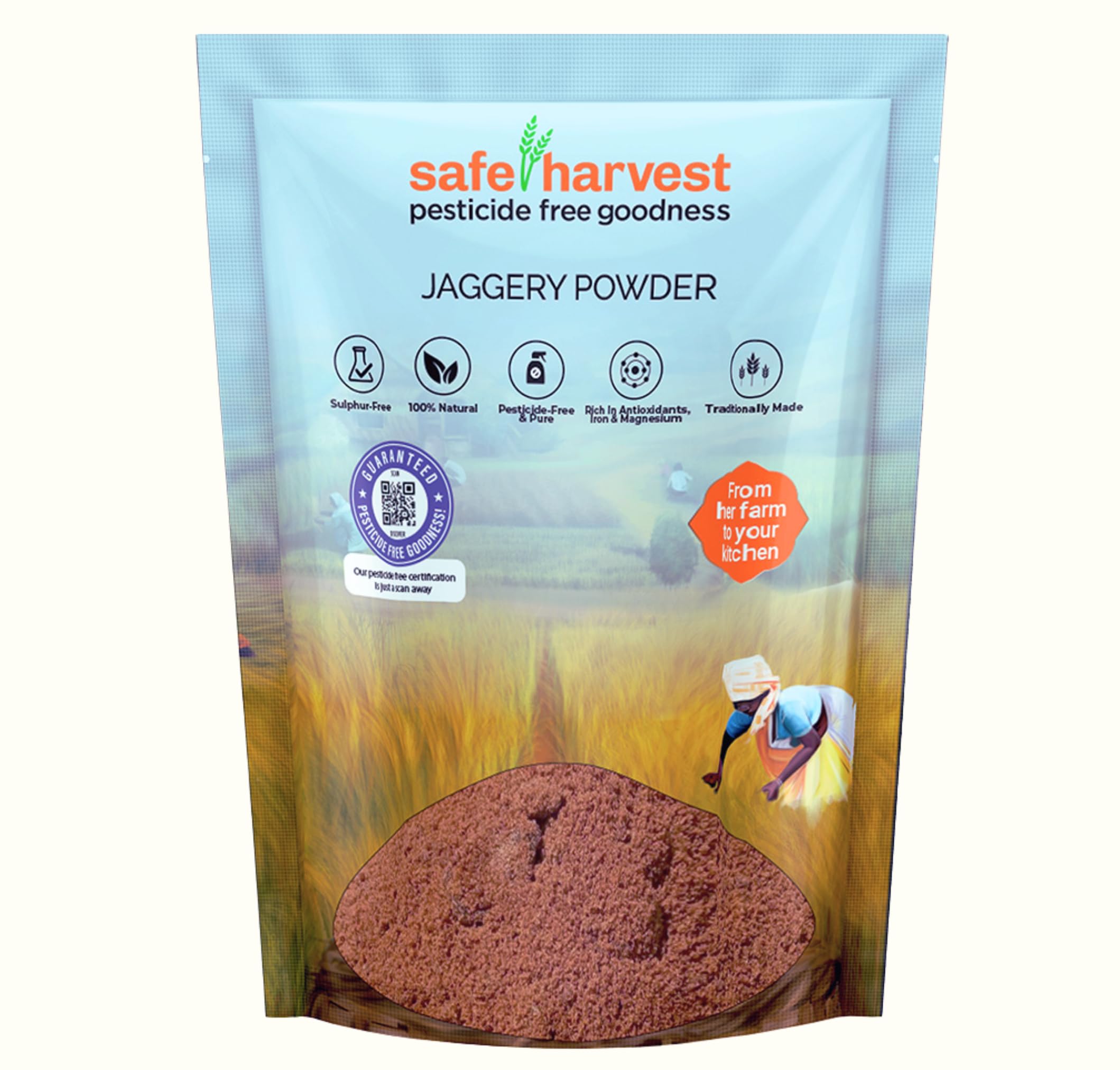 Safe Harvest Jaggery Powder | Pesticide-Free | Okra-Purified & Chemical-Free | Traditionally Crafted | Sourced from Women Farmers | Tested for 231 Pesticides | 500 g