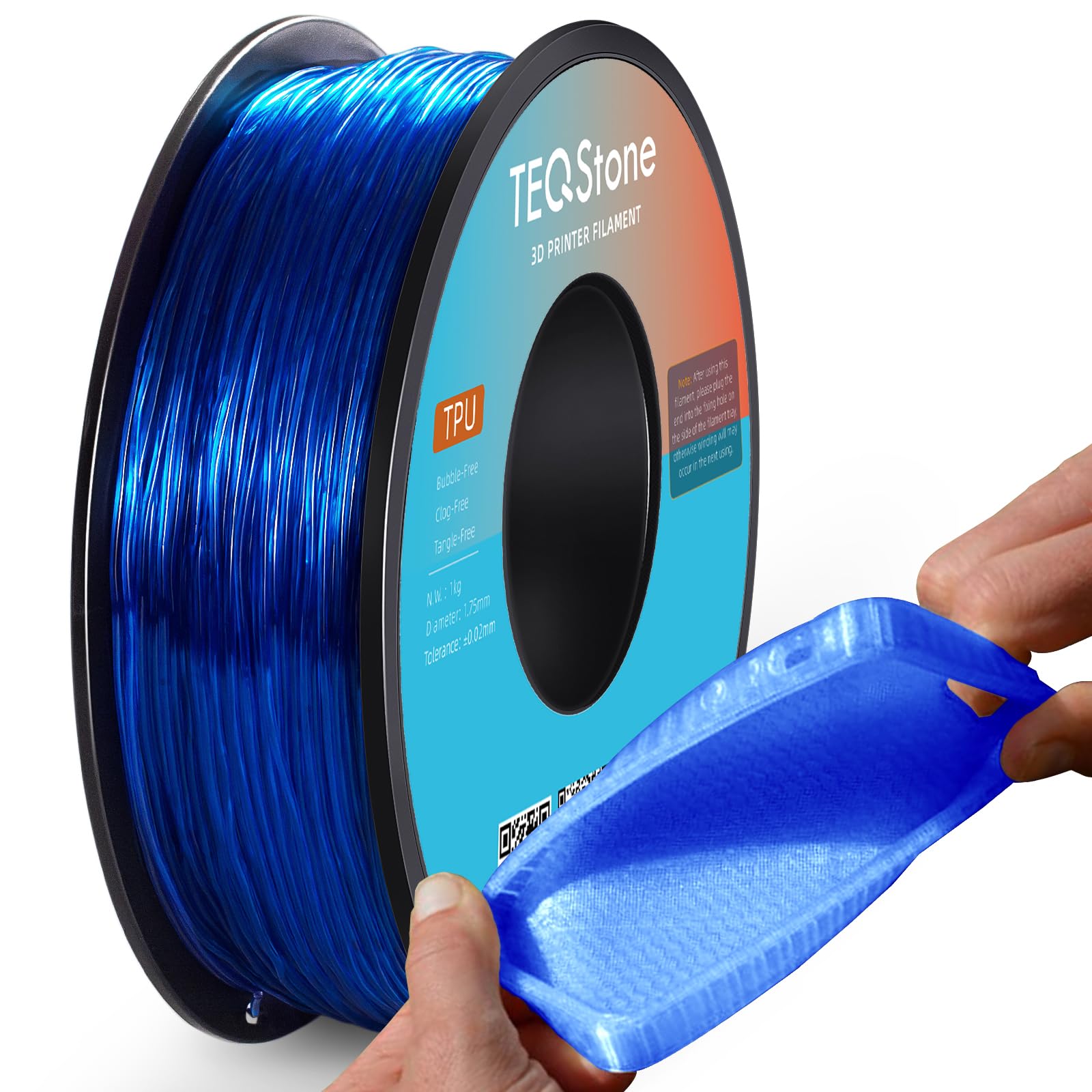 TEQStone TPU Filament 1.75mm Blue 1Kg Spool 95A Flexible Soft 3D Printer Filament Consistent Diameter +/-0.03mm in Vacuum Package
