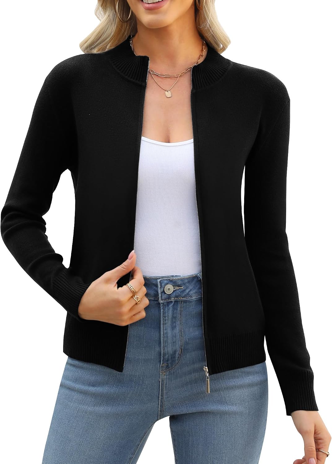 Womens Zip Up Cardigan Sweaters Jacket Lightweight Knitted Long Sleeve Sweater Trendy Crew Neck