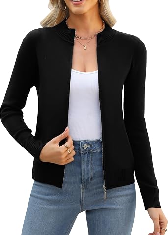 Womens Zip Up Cardigan Sweaters Jacket Lightweight Knitted Long Sleeve Sweater Trendy Crew Neck