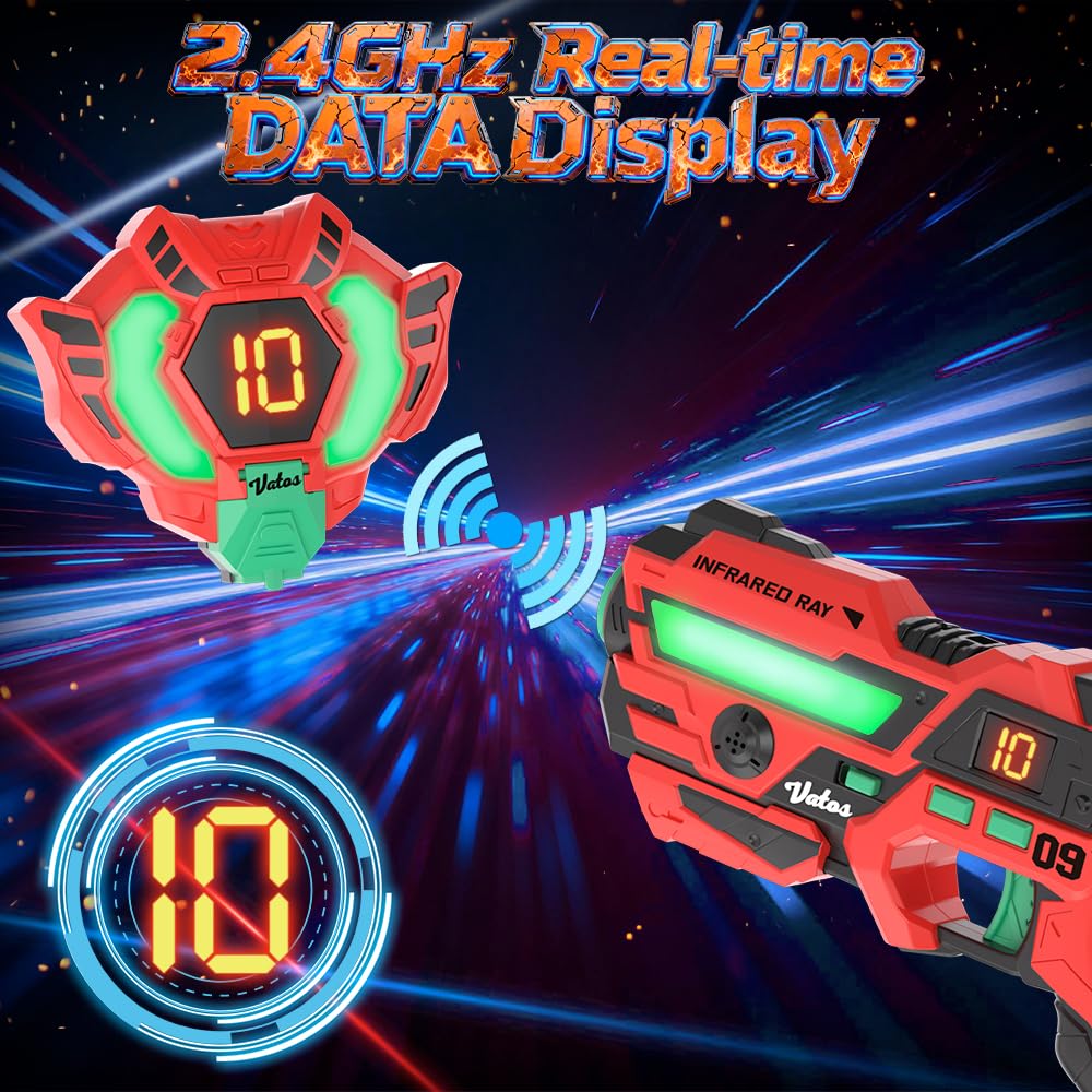VATOS Laser Tag 360°Sensori Set di 4 Giocatori, 2,4 GHz Ricaricabile a infrarossi con Display Dati in Tempo Reale Pistola Laser Tag, Pistole Giocattolo per Giochi di attività per Bambini dai 6+