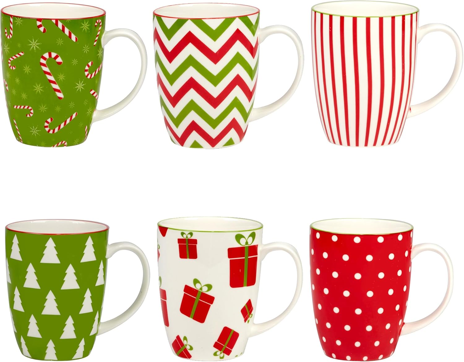 Holiday Fun Porcelain Mugs – Set of 6 Assorted 14 oz Cups with Festive Christmas Designs – Durable Porcelain Coffee or Cocoa Mugs for Holiday Parties, Gifting & Everyday Cheer