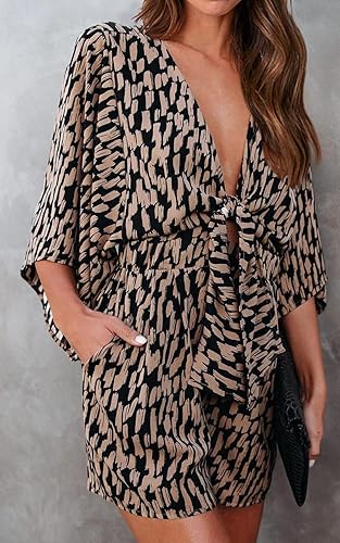 Miniatura 2 de PRETTYGARDEN - Enterizo de pantalones cortos con estampado de leopardo para mujer, cuello en V cruzado, manga 34, de estilo casual, holgado, de gran