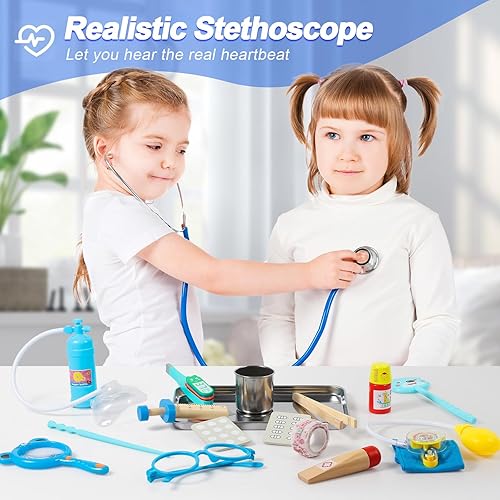 Miniatura 2 de Aanxufa Kit médico realista para niños, juguetes médicos educativos con estetoscopio real y bolsa médica lavable, superar el miedo al tratamiento