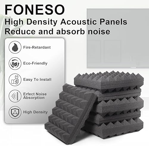 Miniatura 5 de Foneso Paquete de 12 paneles de espuma acústica, paneles de espuma a prueba de sonido de alta densidad de 12 x 12 x 2 pulgadas para paredes, paneles