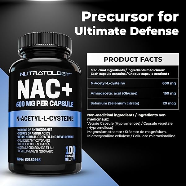 Nutratology® NAC Supplement 600mg - Canadian Made | NAC (N-Acetyl L-Cysteine) Enhanced with Glycine & Selenium | Antioxidant and Thyroid Support | 160mg Glycine & 20mcg Selenium Complex | 100 Capsules - 4