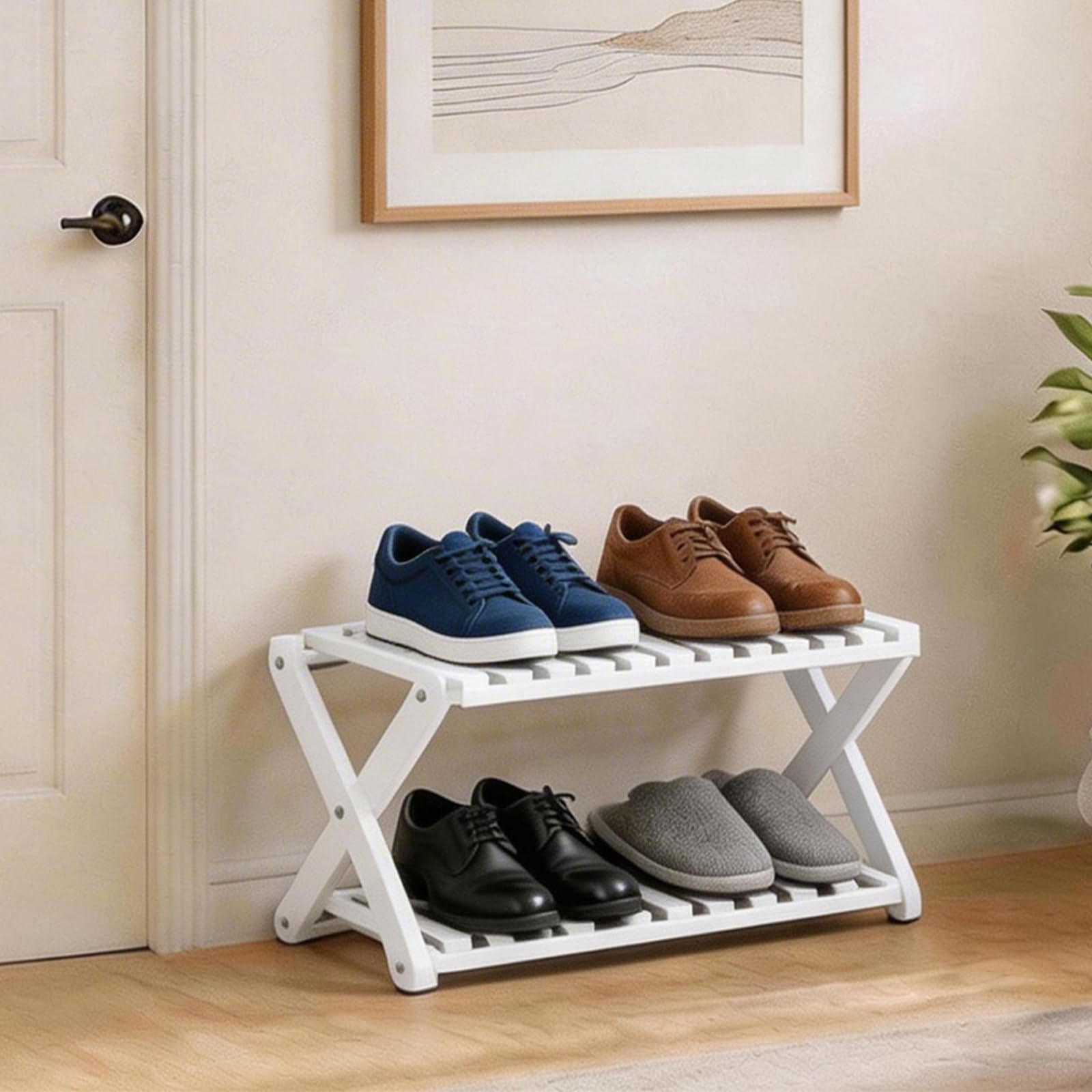 Glsety 2 Tier Bamboo Shoe Rack White,Portable Folding Shoe Storage Rack,Without Installation Small Shoe Rack Perfect for Corridors, Bedrooms and Small Spaces
