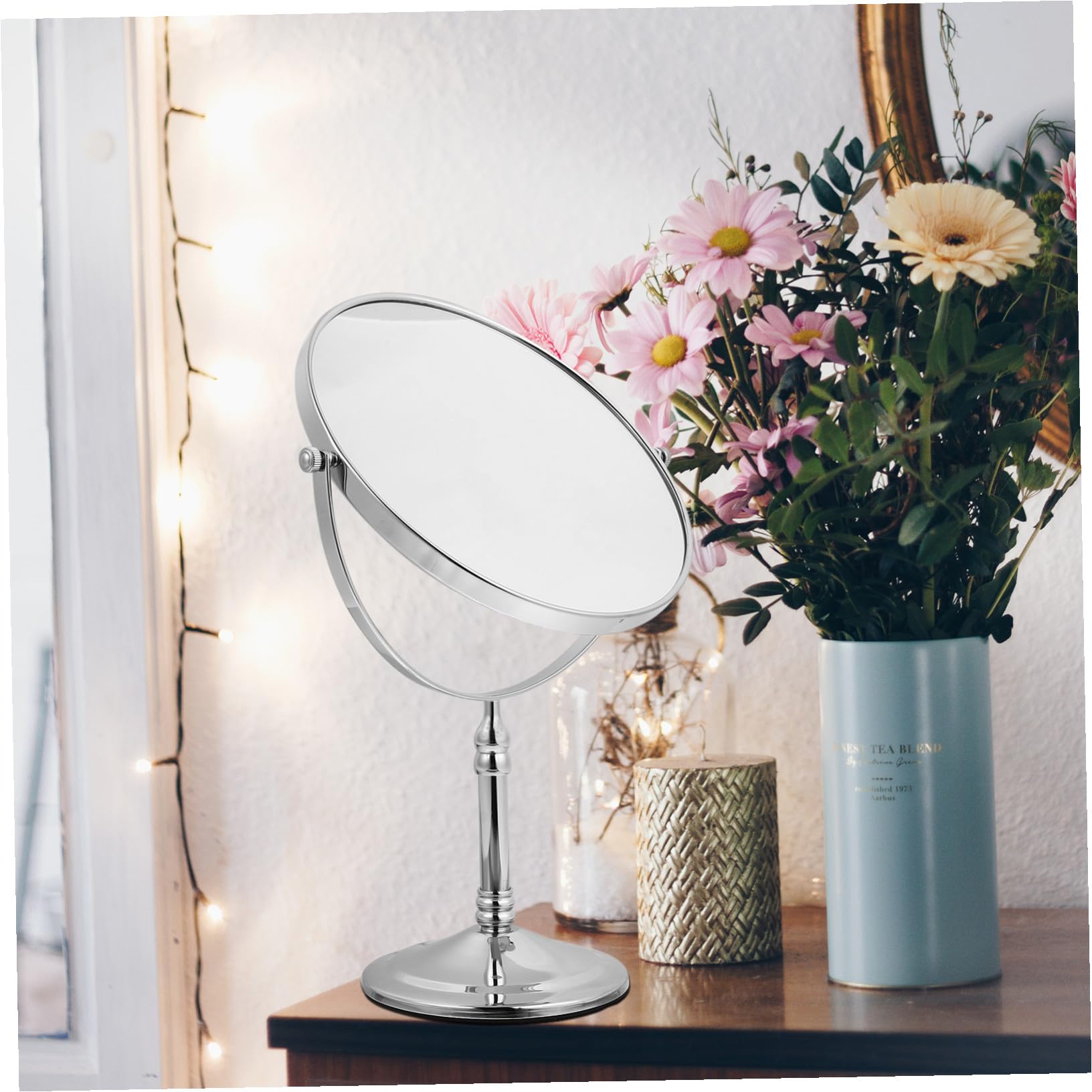 Espejo De Maquillaje Doble Cara Giratorio Aumento Luces Led Superficie HD para Mujer