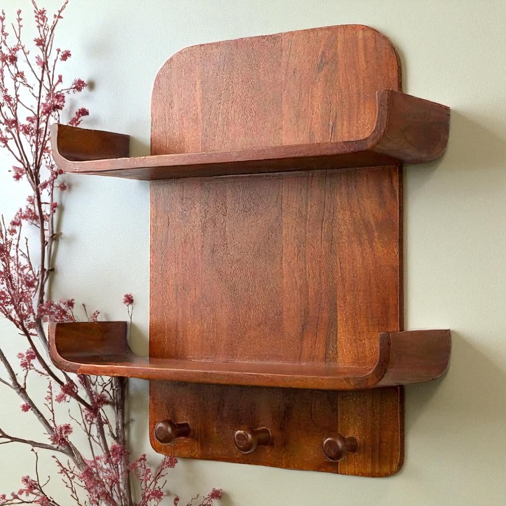 DESERT WOOD ARTS Wooden Wall Mounted Shelf with Hooks Brown Floating Rack for Kitchen Living Room Entryway & Bathroom Rustic Wooden Storage Organizer & Decorative Wall Rack-image-32