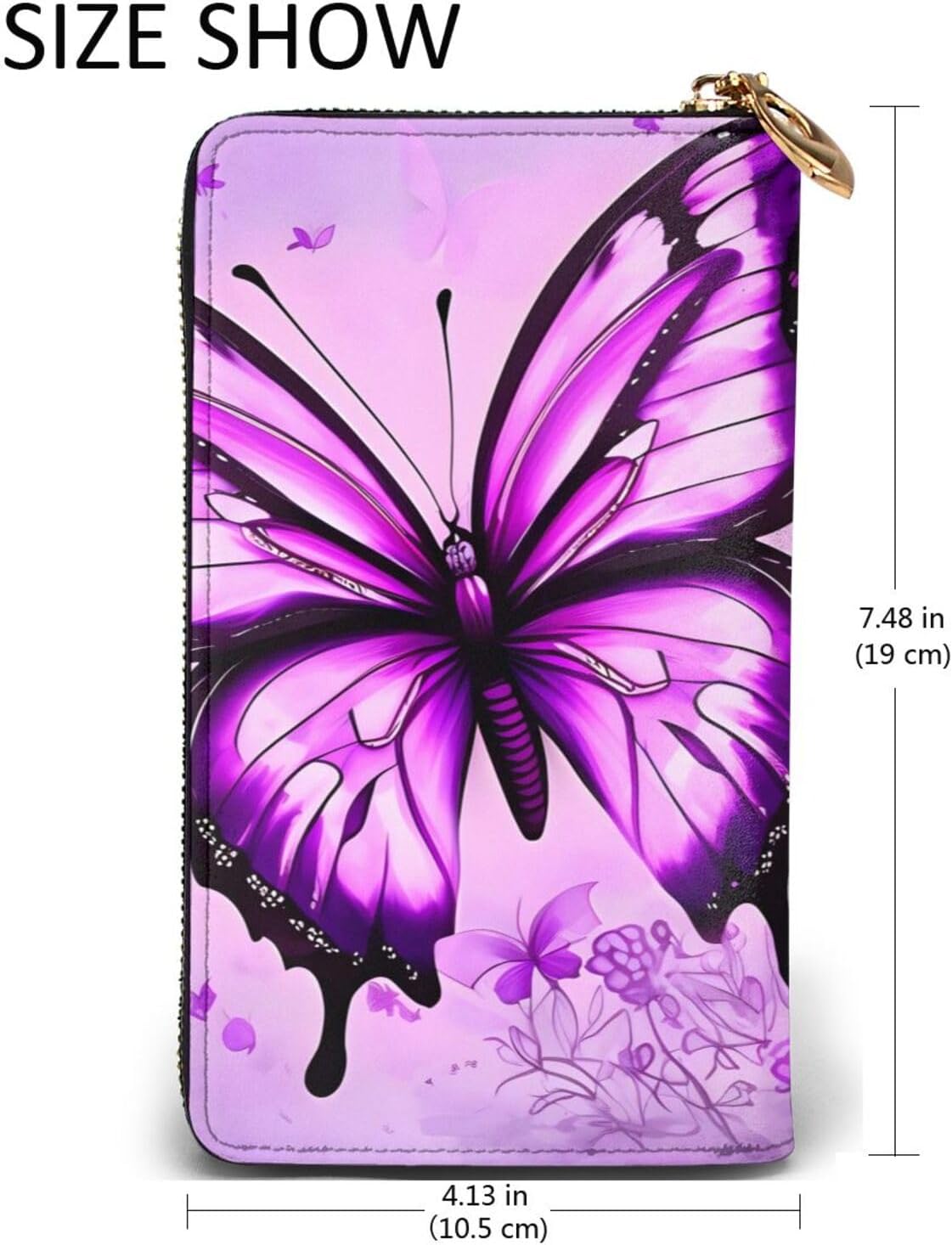 Purple Butterfly Women's wallet, clutch wallet, with zipper, large capacity.