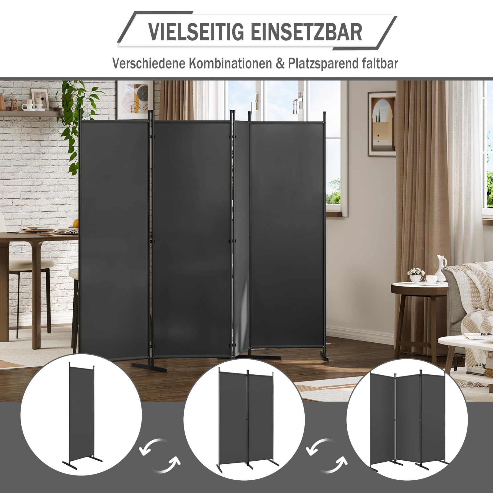 WOLTU Paravent, Raumteiler klappbar freistehend Sichtschutz, Trennwand 4 teilig 223x177 cm, Stellwand für innen Outdoor Garten Balkon Terrasse, Raumtrenner Dunkelgrau