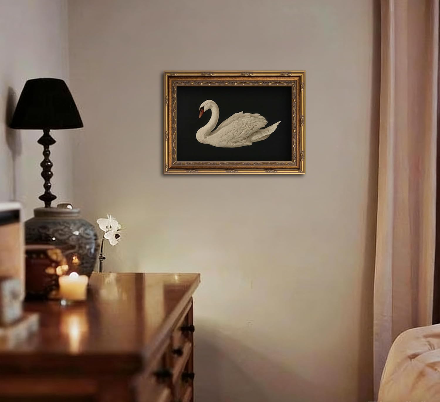Vintage Gold Framed Swan Wall Art Antique White Swan Painting Canvas Print Dark Country Animals Picture Wall Decor Rustic Farmhouse Poster Artwork for Bedroom Living Room Home Decortian