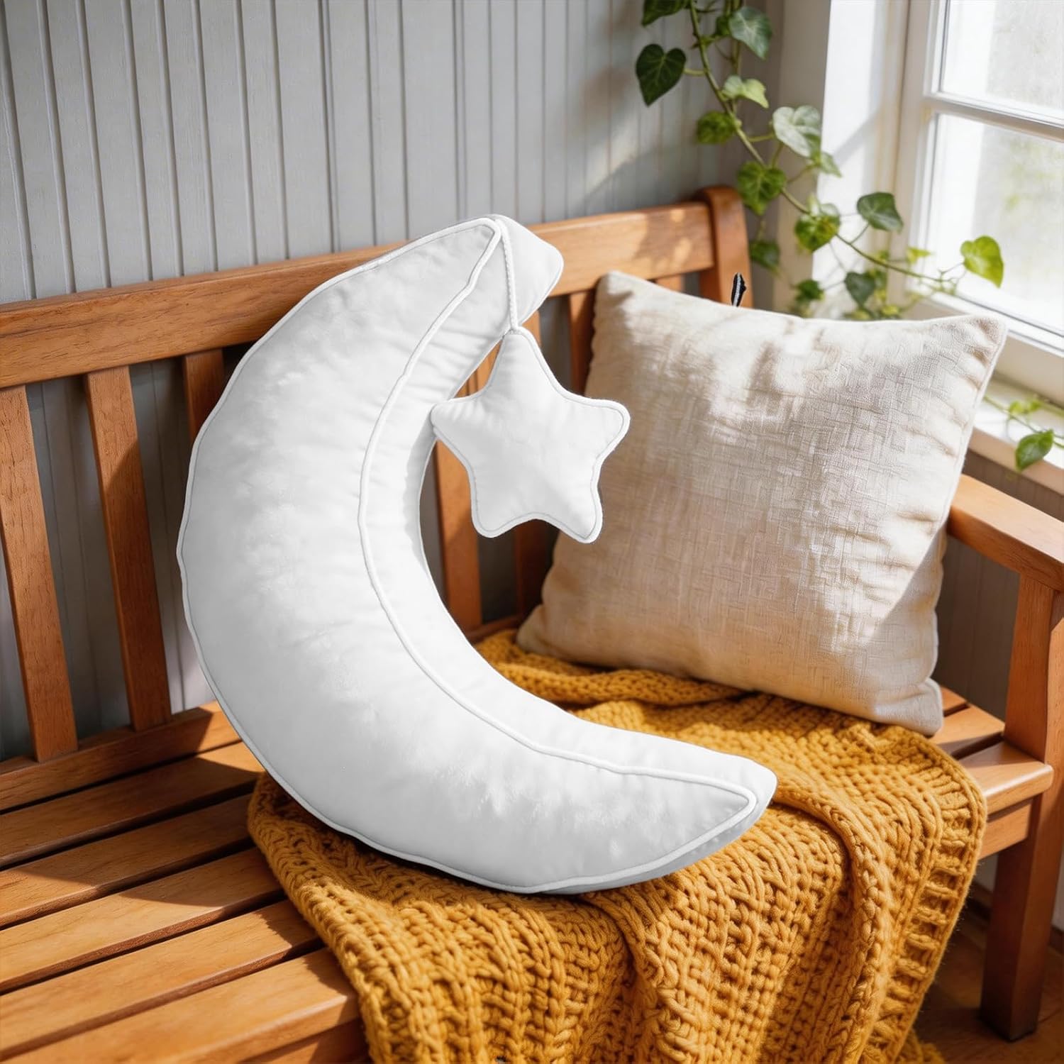 Moon Pillow Decorative Throw Pillows with Soft Faux Velvet for Couch Cute Cushion for Bedroom Office White