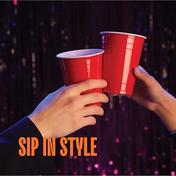 Red Cups - Party Cups - Disposable Plastic Cups [16 oz - 100 Pack] Fun & Durable Party Cups for Drinking & Playing - Bulk Case of 100 Cups, By Stack Man